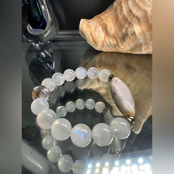 MOONSTONE + DENDRITIC AGATE + PHANTOM NATURAL BRACELET SIZE 7” - Picture 14 of 15